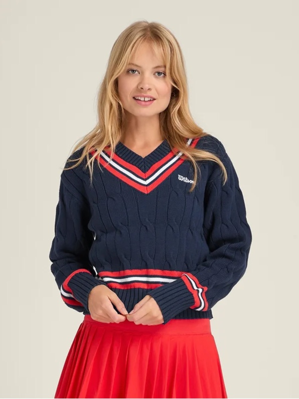 Women's Navy Cable V-Neck Sweater with Red Trim